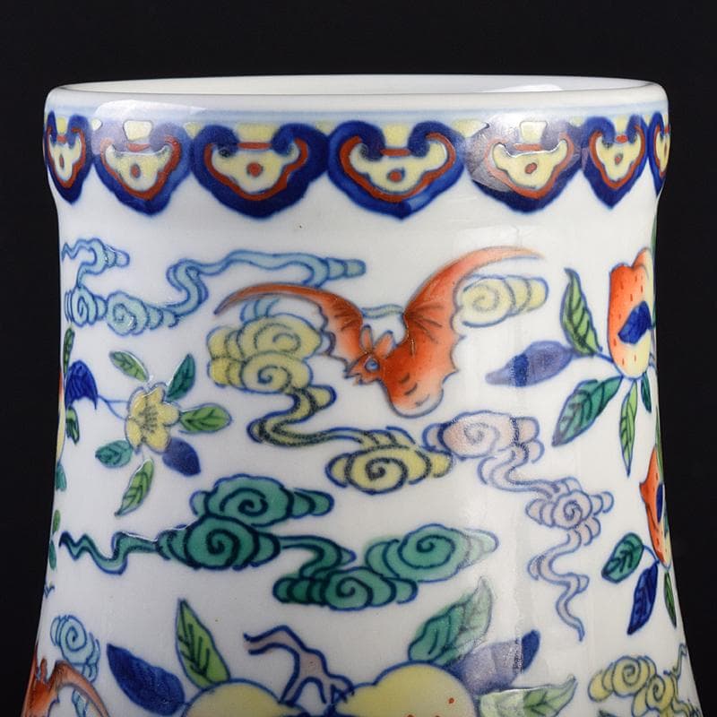 中国　大清雍正年製款　色絵　桃蝙蝠図　花生　時代箱付　M　R7657B