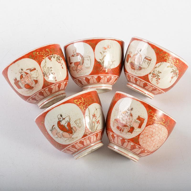 煎茶道具　九谷焼　赤絵金彩　人物花文　煎茶碗　五客　碗筒付　M　R7118