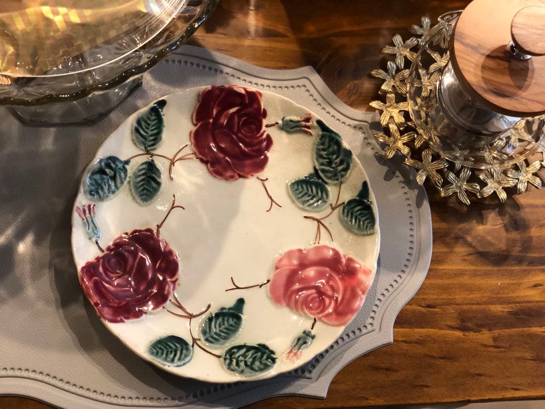 バルボティーヌ フラワープレート＋蓋付キャニスター3点＋真鍮ディッシュスタンド付