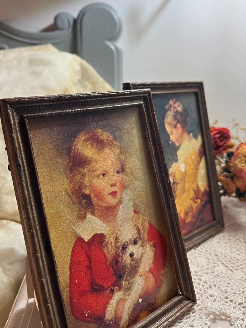 ◆フランスアンティーク｜世界の名画1700年代肖像画子供女の子木製額壁掛け絵画