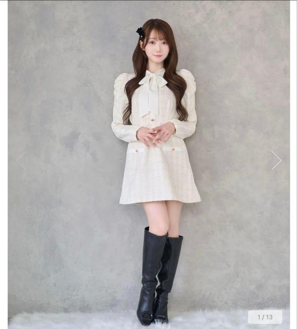 Rosé Muse ribbon tie tweed mini onepiece