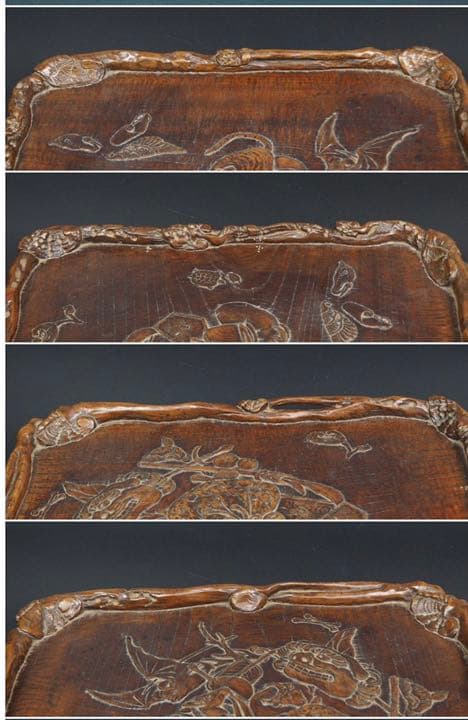 送料無料　市川周道　『周道刀』在銘　 古い欅四角彫刻盆 幅35ｃｍ