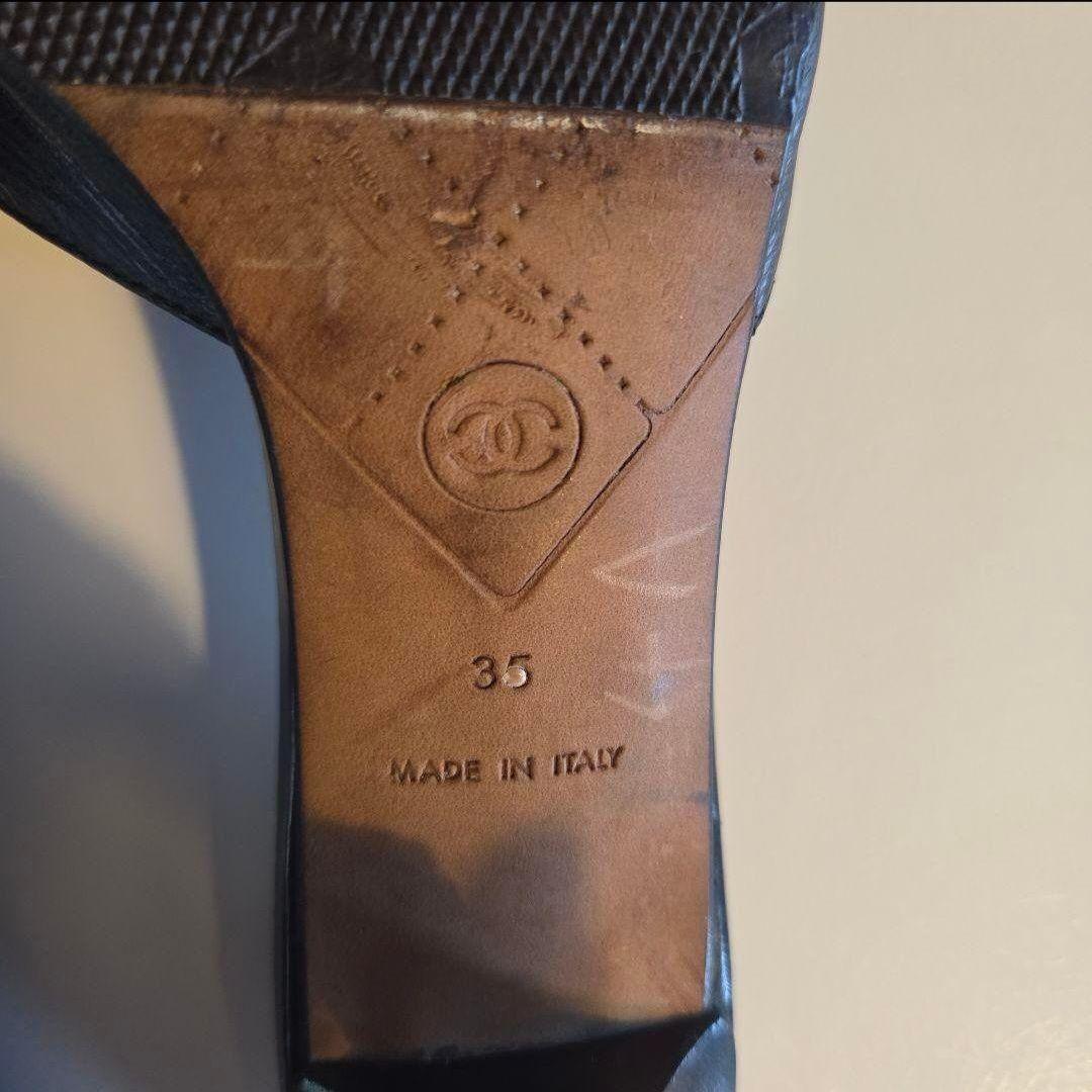 シャネル　 ブラック　レザーサンダル 中ヒール　リボン付き　22.5㎝