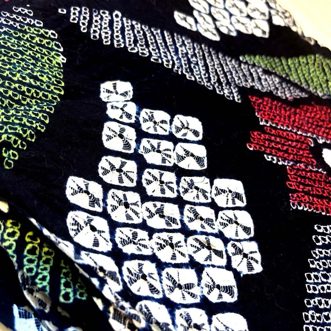 有松鳴海絞り 手蜘蛛 黒色寄りの濃紺 緑色 手縫い仕立て