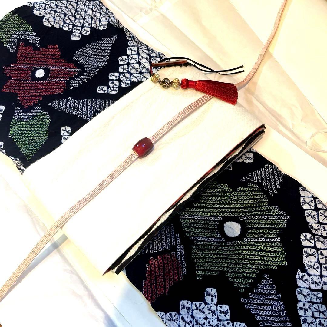 有松鳴海絞り 手蜘蛛 黒色寄りの濃紺 緑色 手縫い仕立て