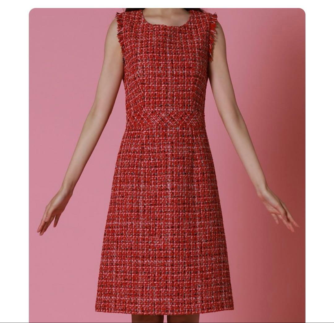 ERUKEI]レッド・ツイード・フリンジAライン膝丈ミニドレスワンピース黒木麗奈