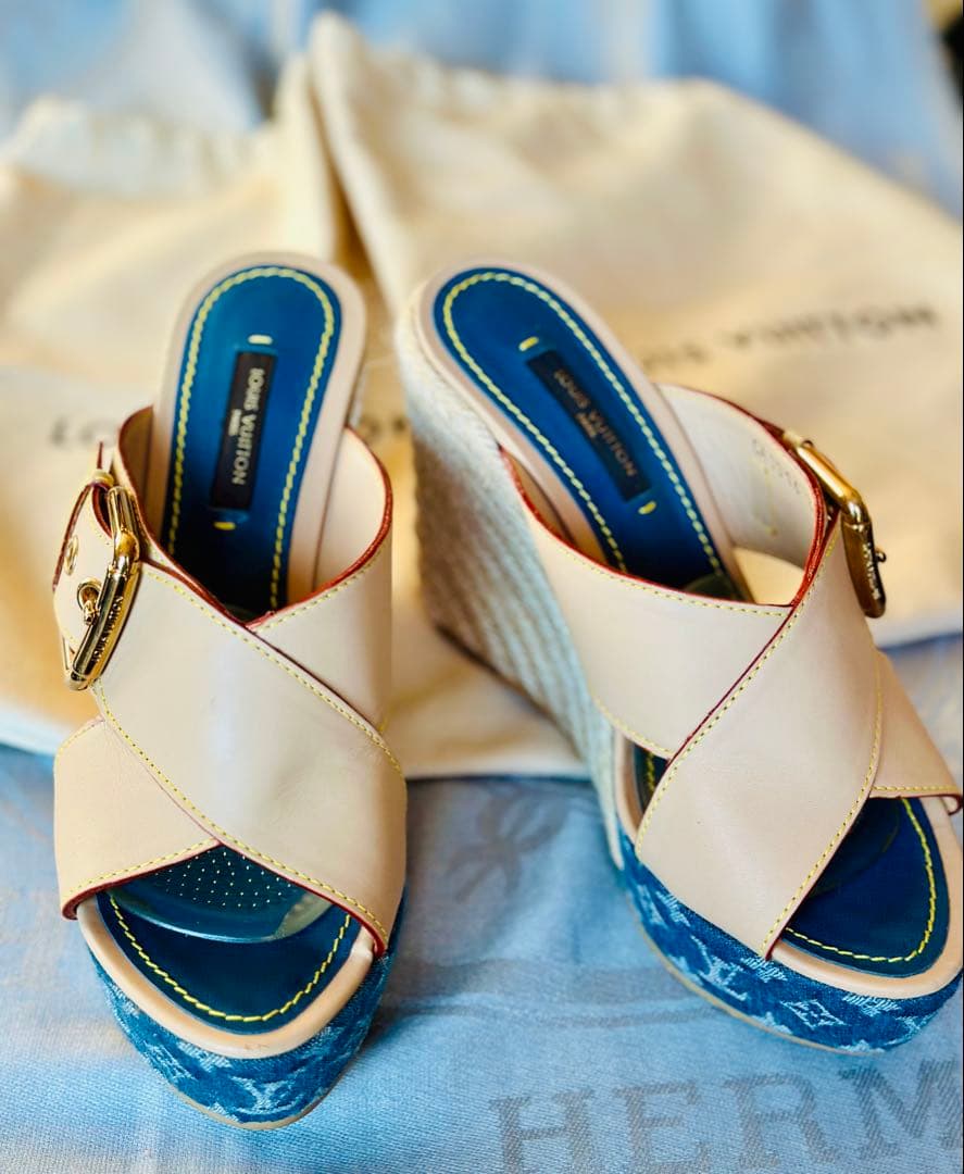 《正規品》ルイヴィトン ウエッジサンダル デニム　モノグラム 35 本物