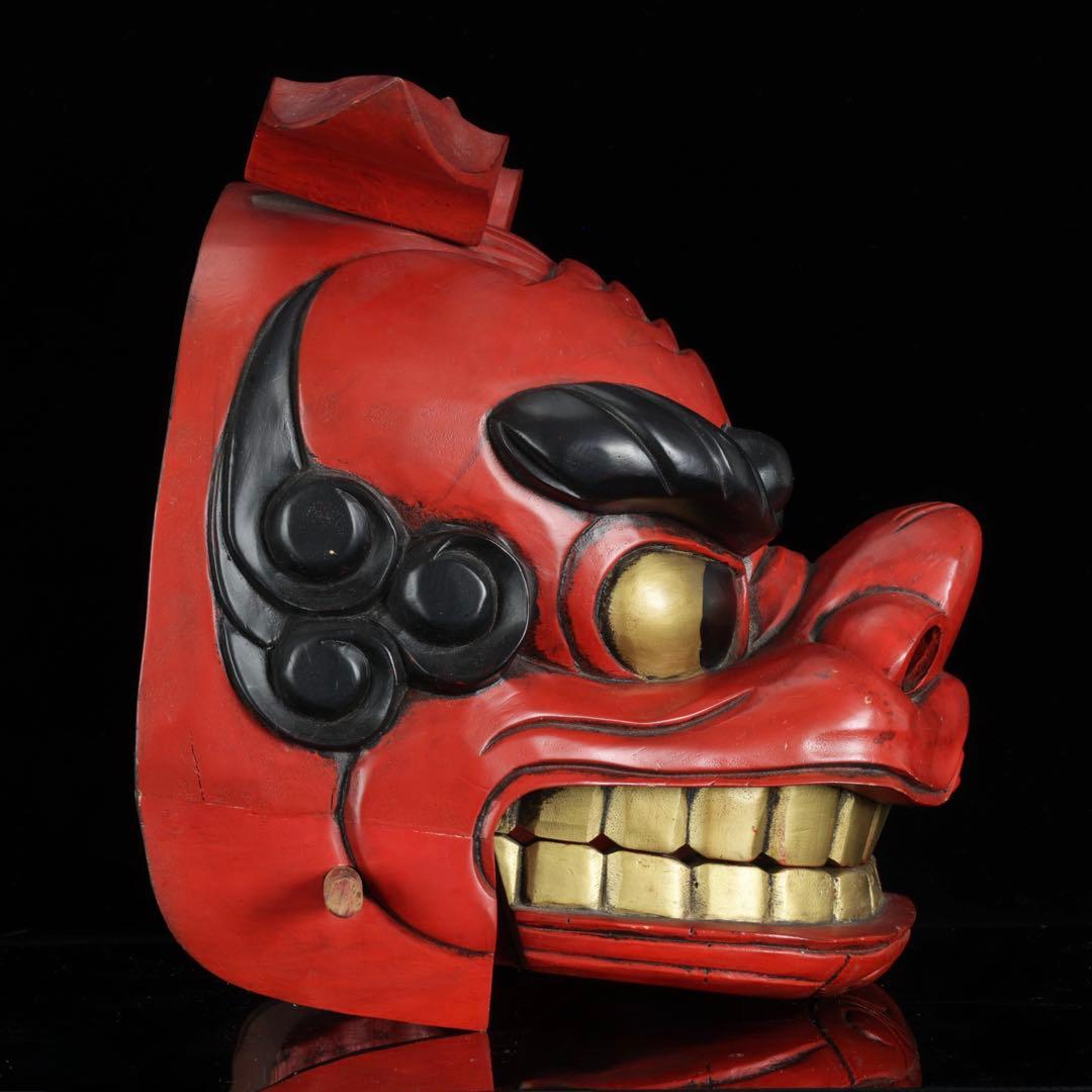 時代物 木彫獅子頭 朱漆塗金彩 幅34cm 獅子舞 神楽面 魔除 縁起物 骨董品