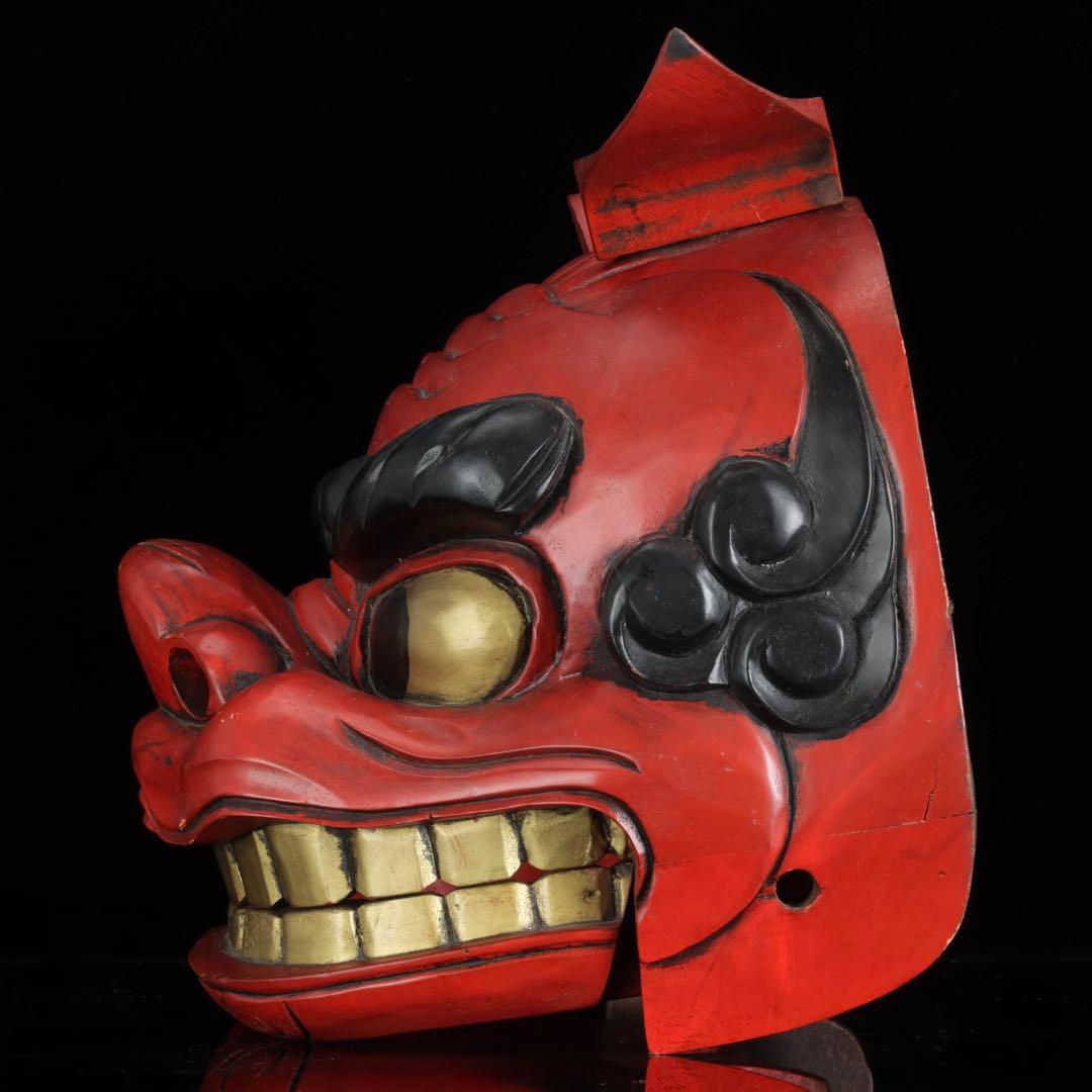 時代物 木彫獅子頭 朱漆塗金彩 幅34cm 獅子舞 神楽面 魔除 縁起物 骨董品