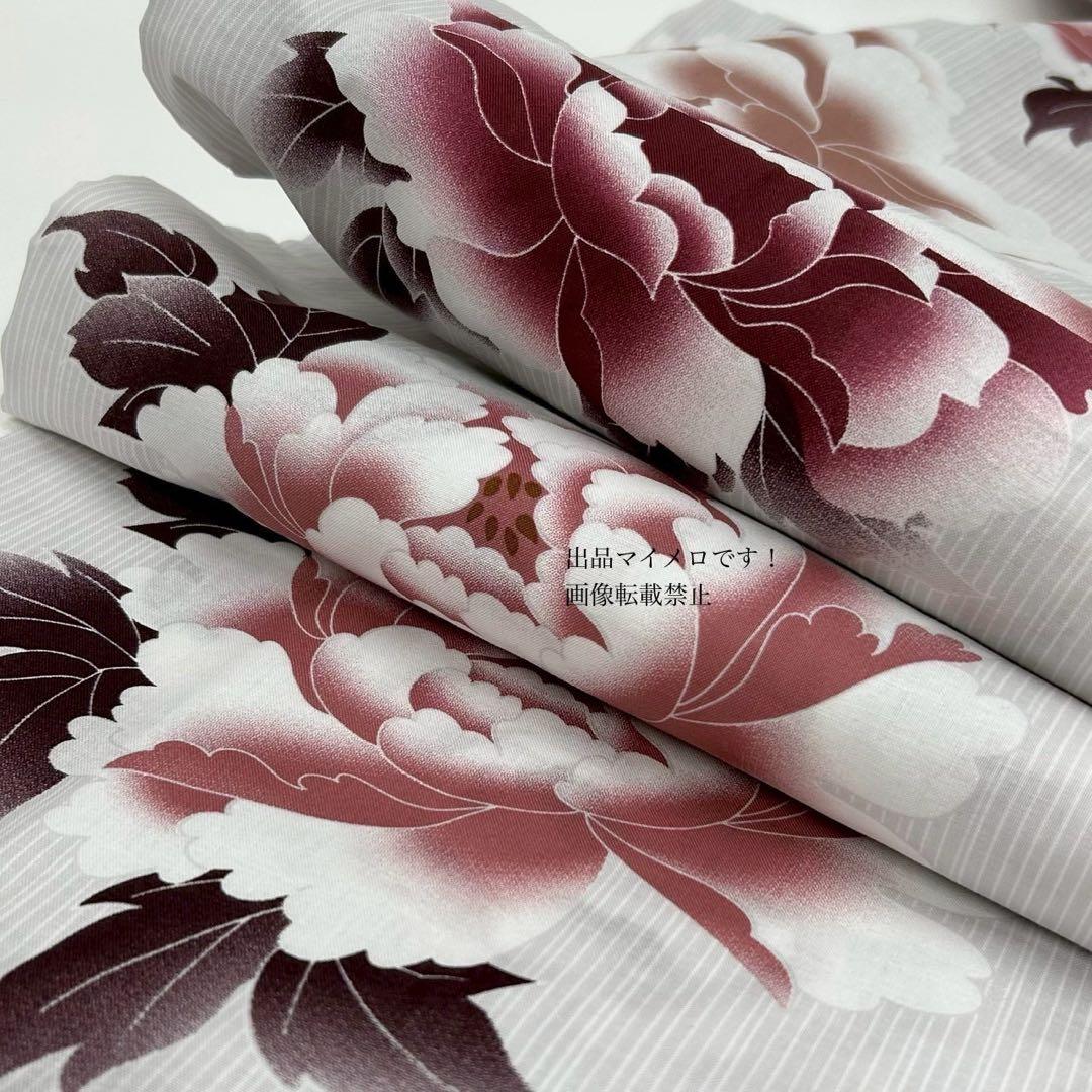 浴衣　大きめサイズ　浴衣 3L 牡丹　兵児帯　ボルドー　2点　新品　0712⑬