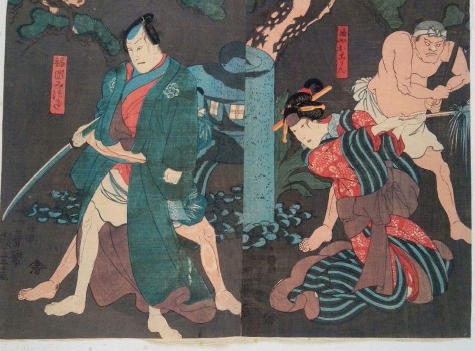 浮世絵、伊勢音頭恋寝刃(役者絵）二枚綴り二枚つながてます。歌川国芳画