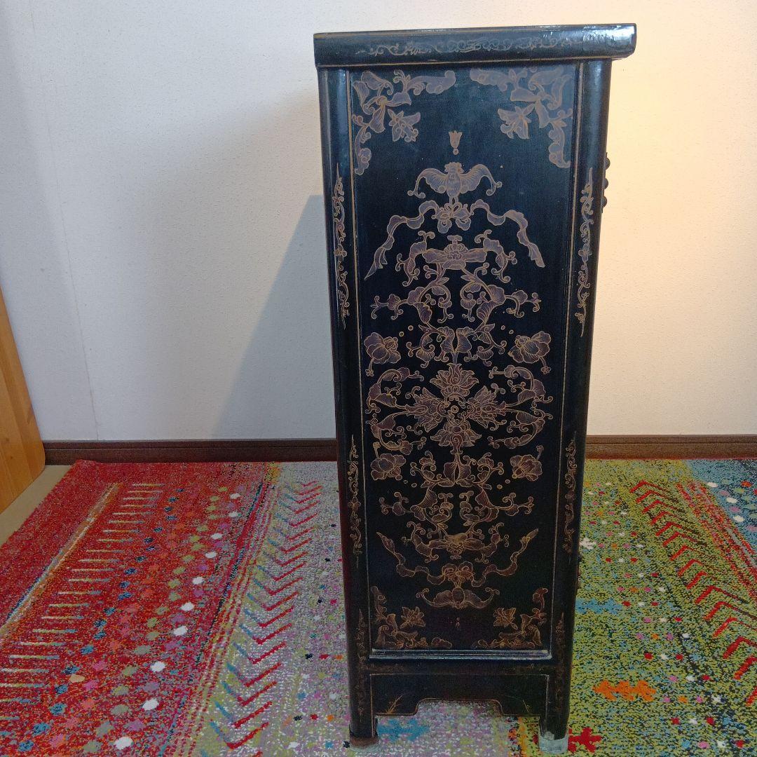時代物　中国家具　玉入漆金彩キャビネット　アジアン家具