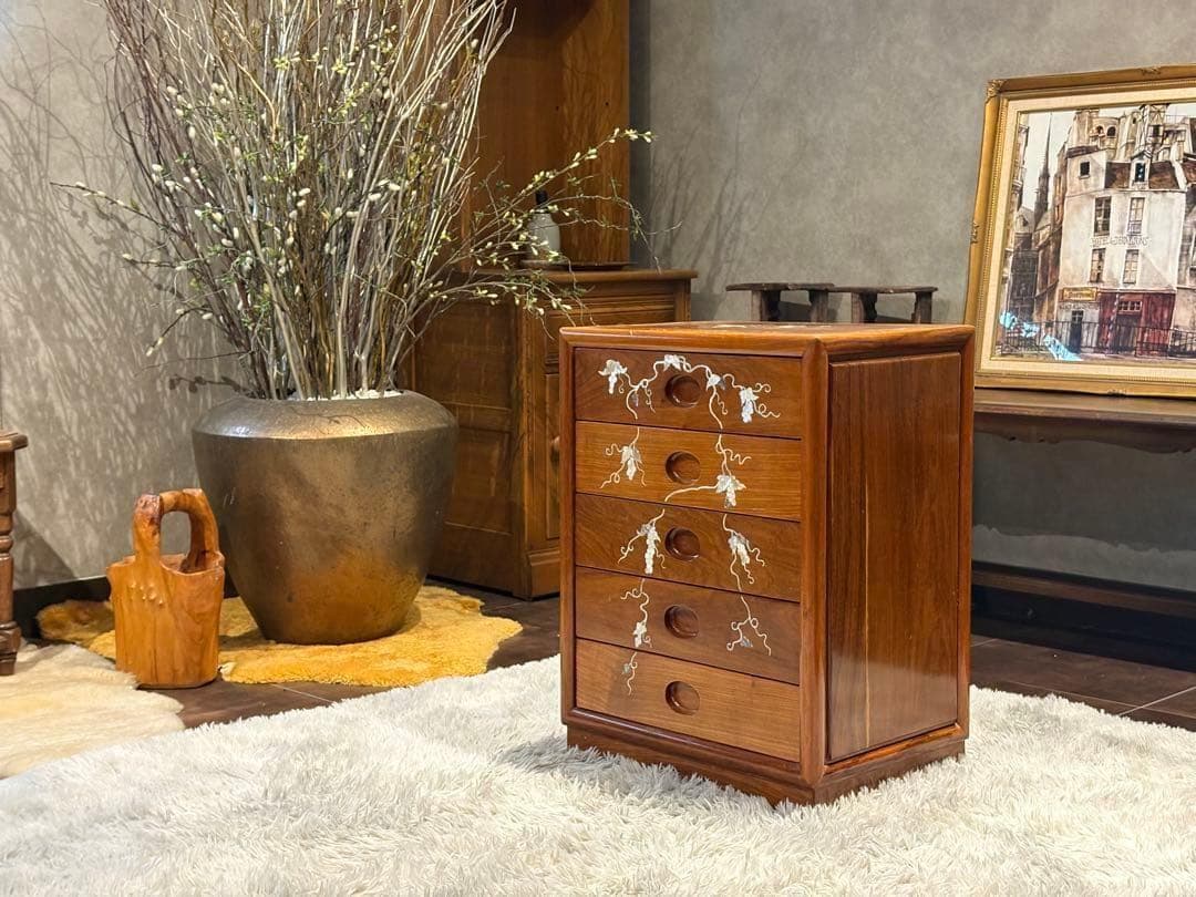 希少　唐木　5段チェスト　螺鈿細工　螺鈿家具　アンティーク 骨董　花梨　GZ