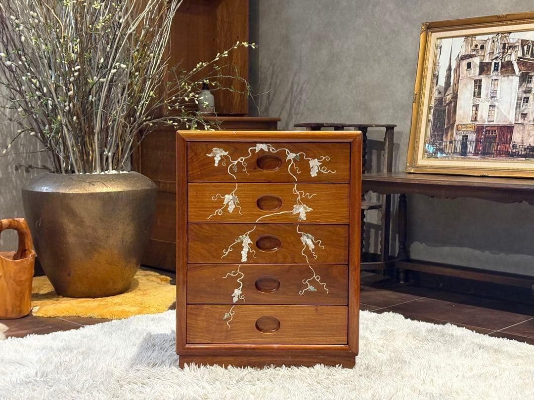 希少　唐木　5段チェスト　螺鈿細工　螺鈿家具　アンティーク 骨董　花梨　GZ