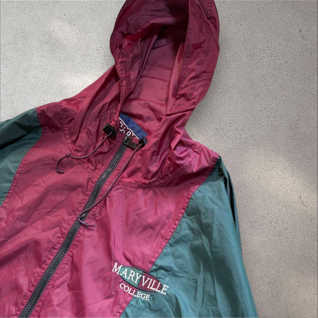 【N71】90s JANSPORTナイロンアノラックパーカーバーガンディ×深緑