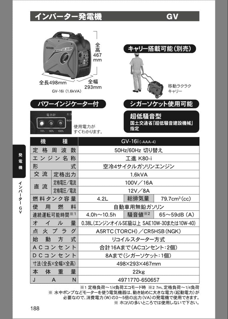 【良品】KOSHIN 工進 インバーター発電機 GV-16i-AAA-4