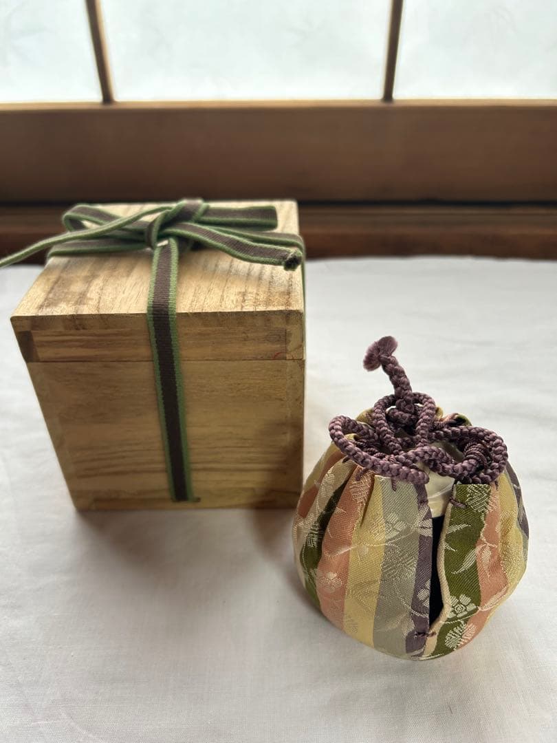 【茶入】墨田窯　韓国製　金太漢　縞笹つる緞子