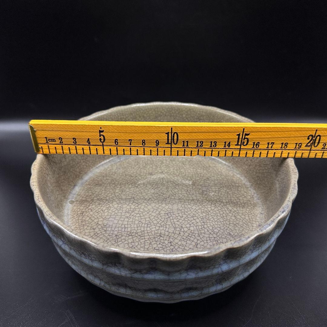 L113 汝磁開片レリーフバケツ型洗文房筆洗 骨董品