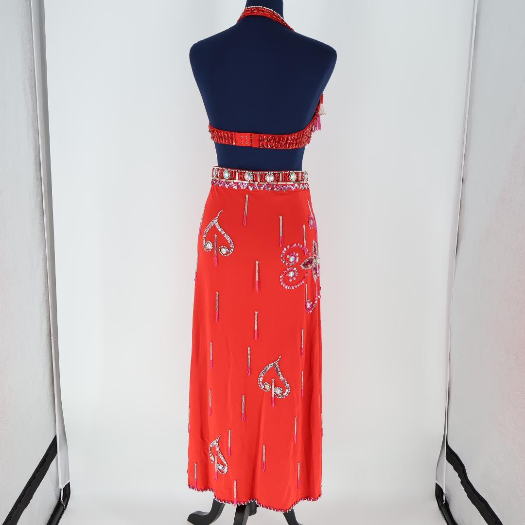 【ベリーダンス用 オリエンタル衣装】レッド スパンコールラメ多数 赤 ビーズ