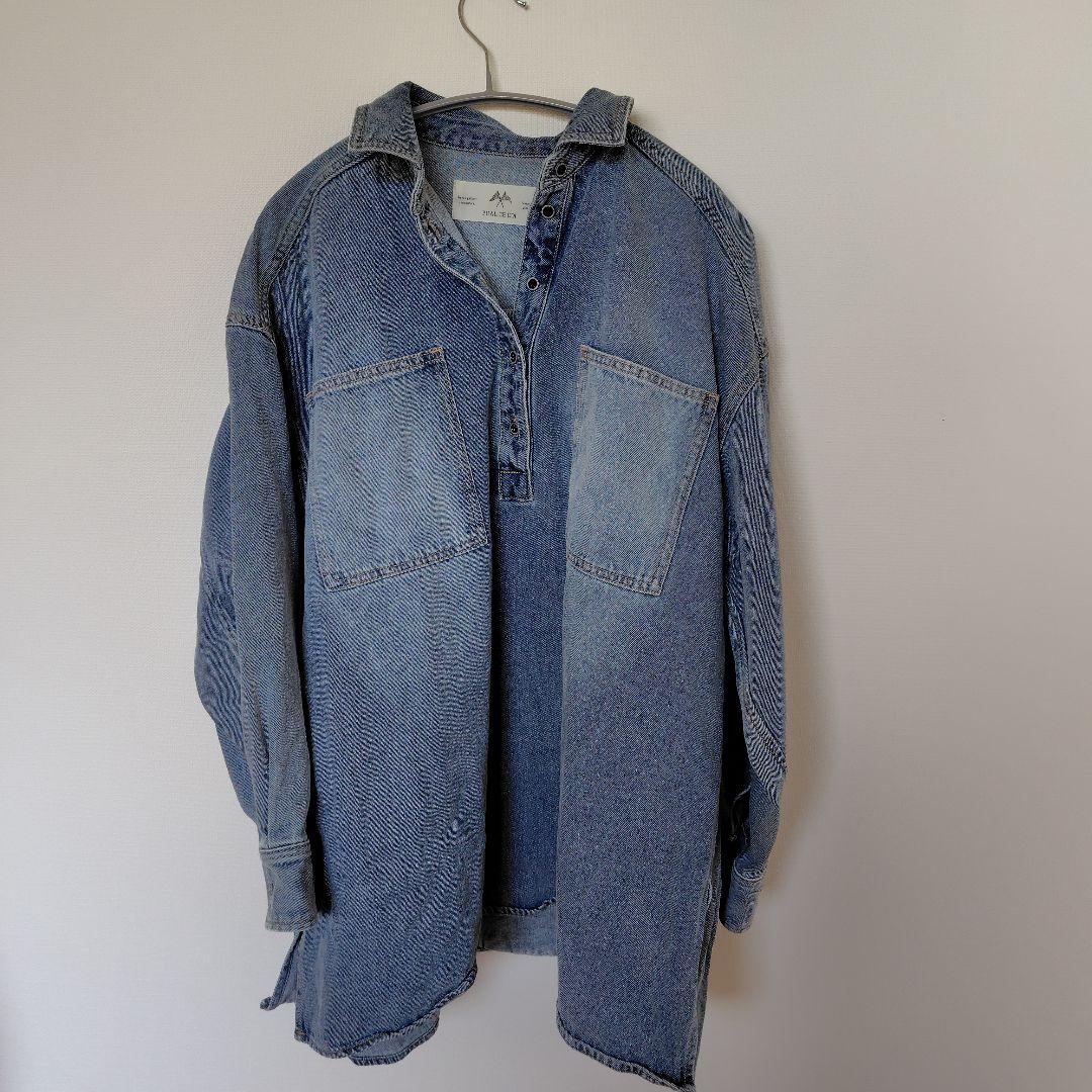 期間限定価格　ヴィンテージライクデニムチュニックシャツ　　ブルー　ピュアルセシン
