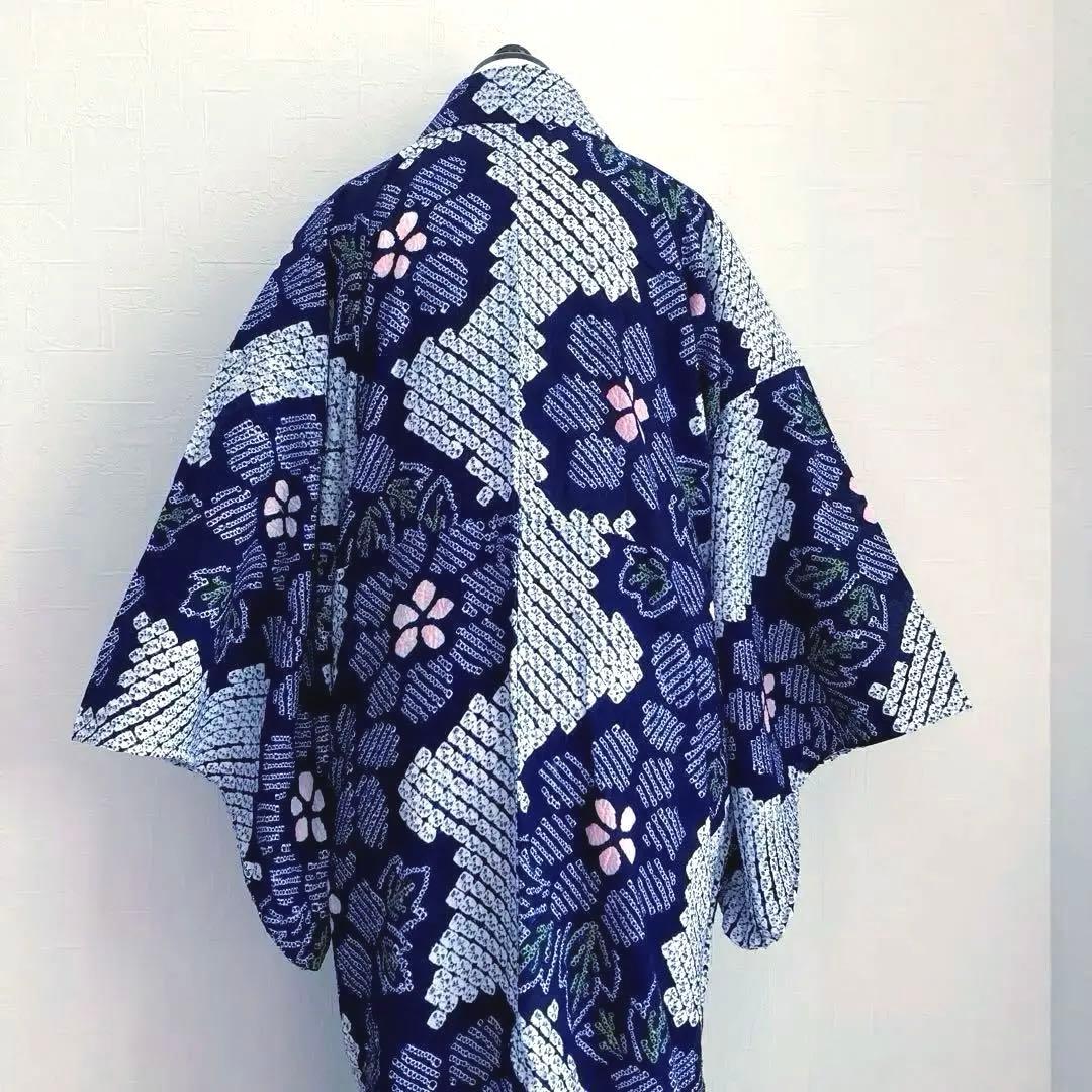 みっちん。 有松鳴海絞り浴衣・蜘蛛絞り 花模様　手縫い 広襟　No.-66
