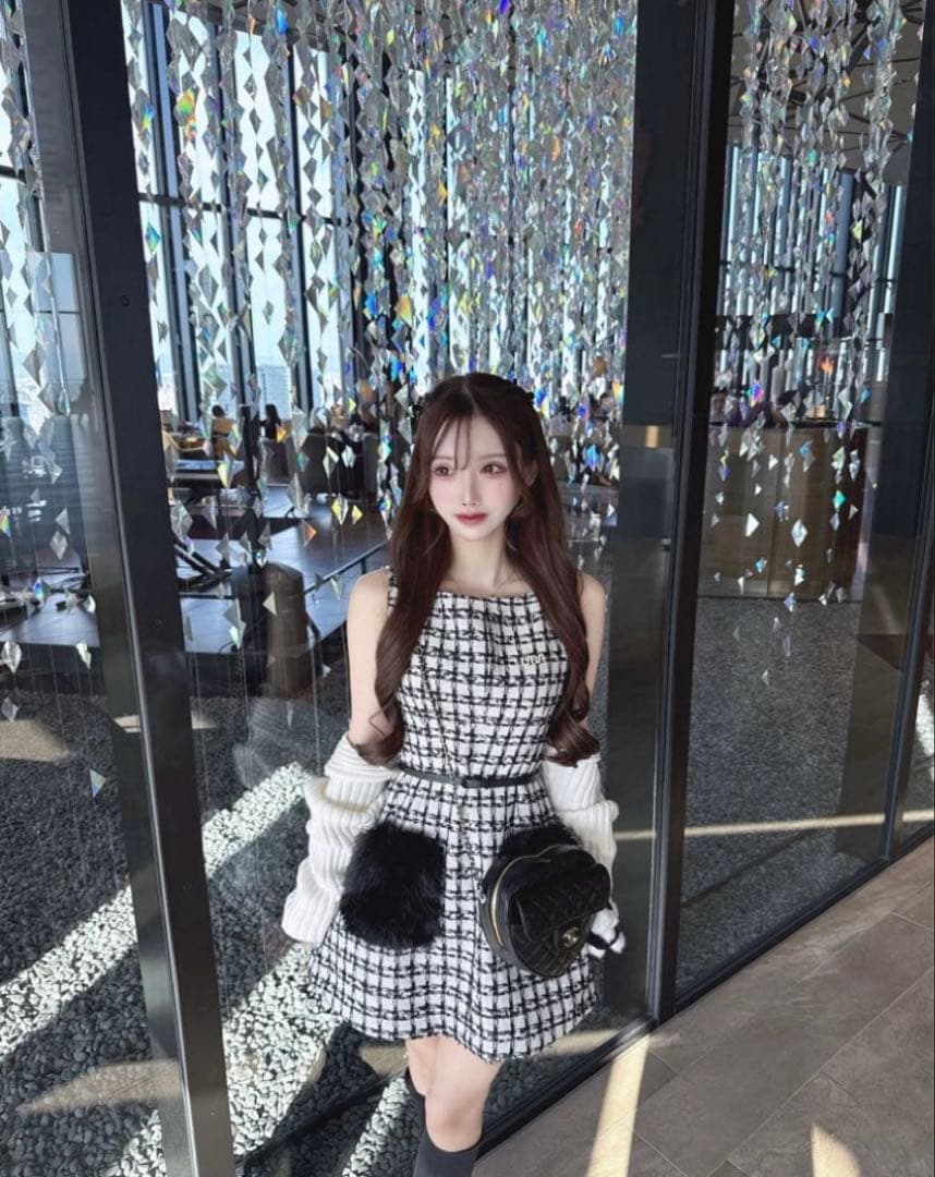 未使用！ルミニョン ツイードワンピース【ホワイト×ブラック】Sサイズ