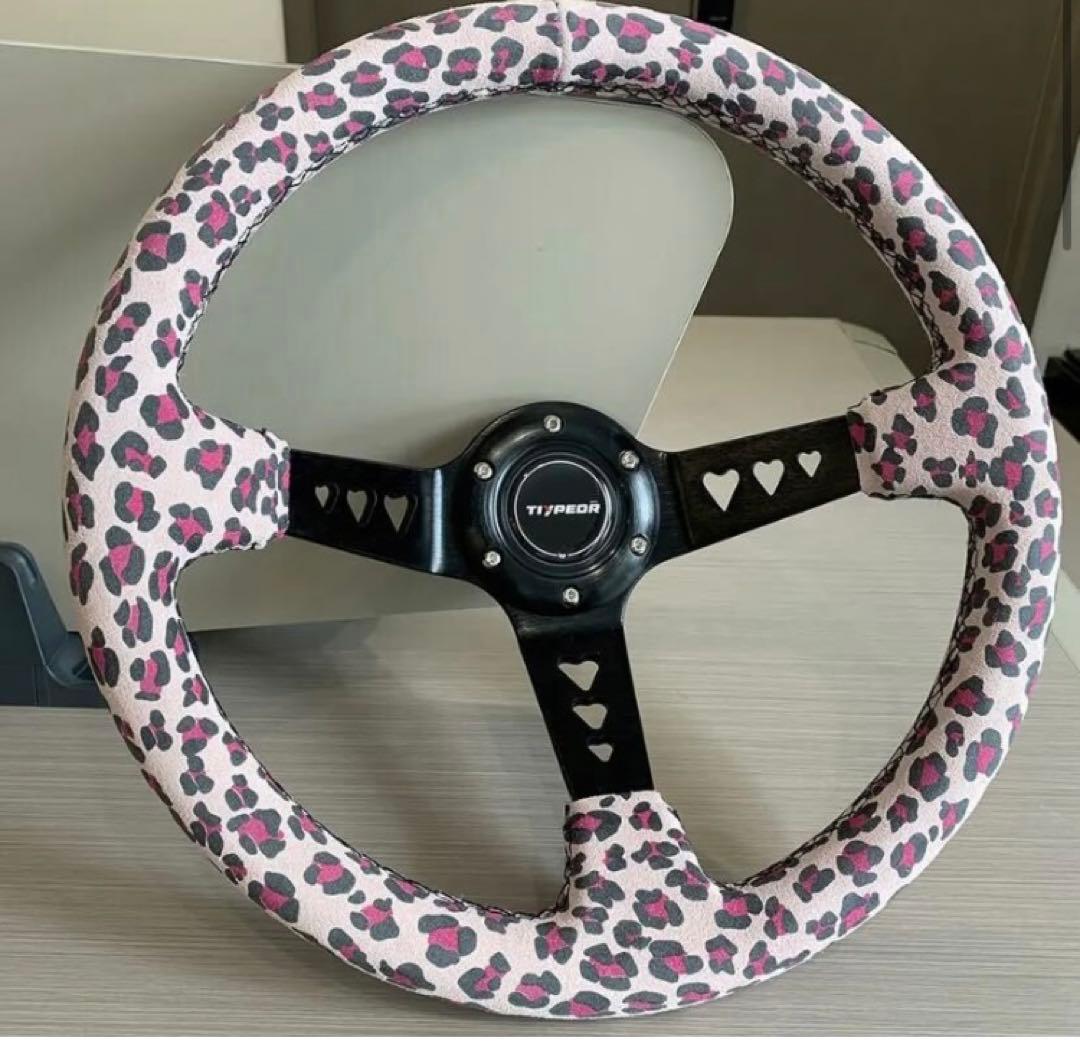 【国内発送】レザーステアリングホイール,ヒョウ柄 JDMハート型,15インチ