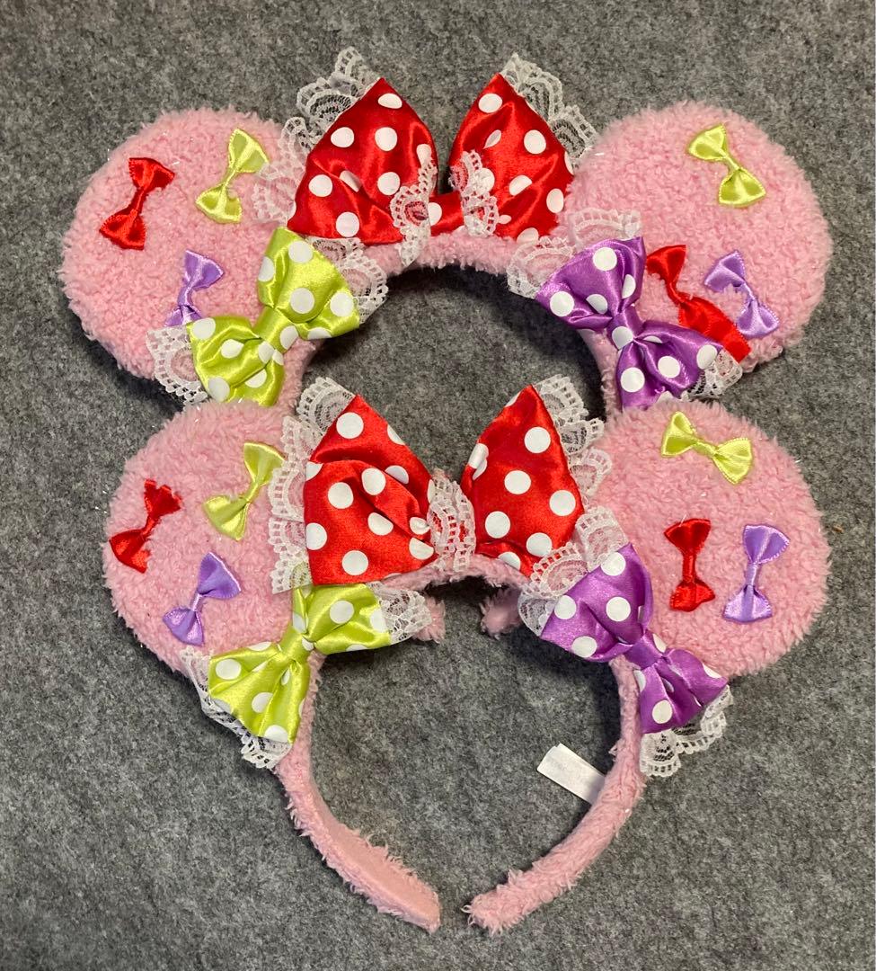 ディズニー カチューシャ ミニー リボン フリル カラフル　水玉　ピンク　紫赤