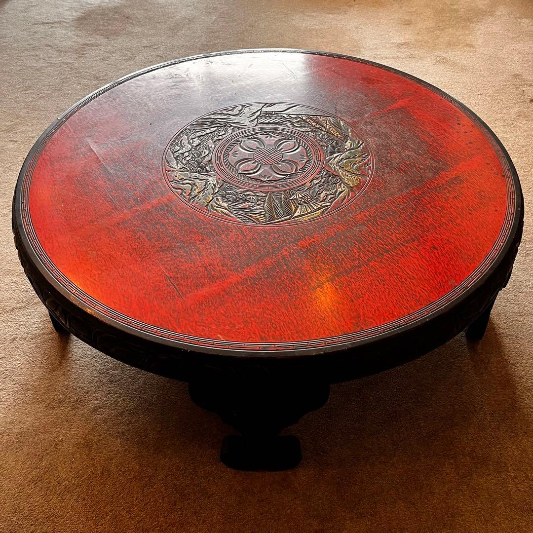中国骨董 唐家具 飾彫り 円卓 座卓 ちゃぶ台 センターテーブル 古家具レトロ