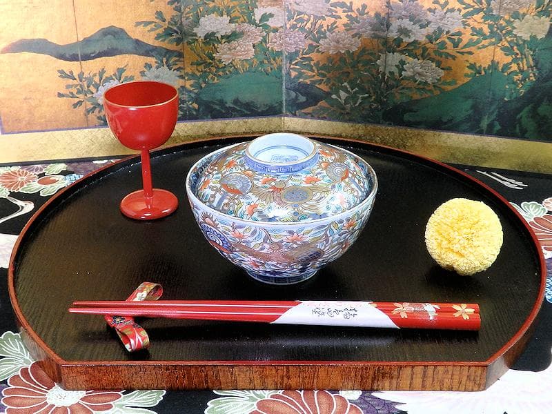 古伊万里　金襴手　鳳凰に宝珠　花唐草の図　蓋茶碗　E878AS-DCo