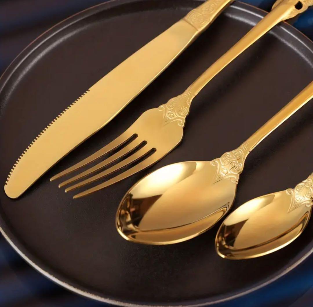 食器セット　スプーン　フォーク　ナイフ　ステンレス製　真鍮風　レトロ