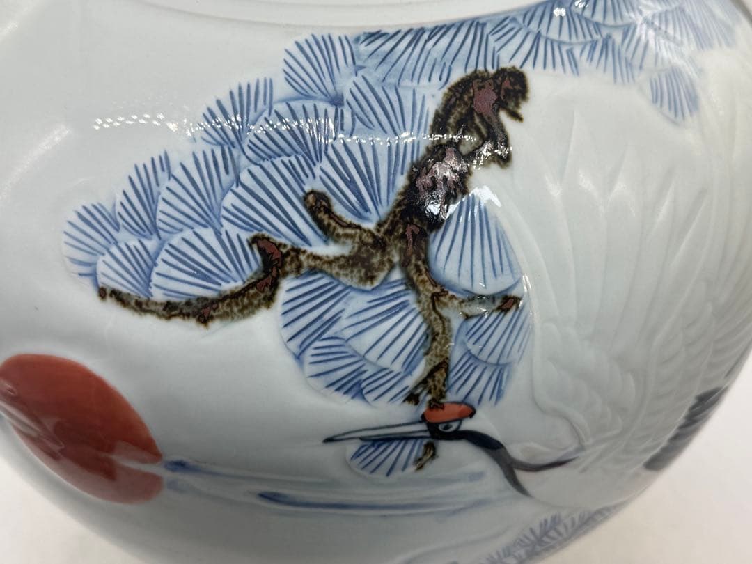 東岩　青華辰砂釉雲鶴紋大壺　浮き彫り模様　送料込み260124