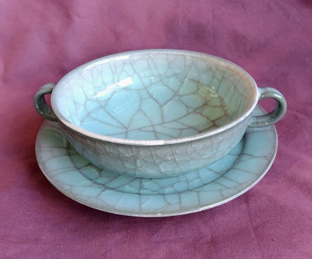 青瓷手付ボウル 青瓷七寸皿セット(未使用 新品同様)