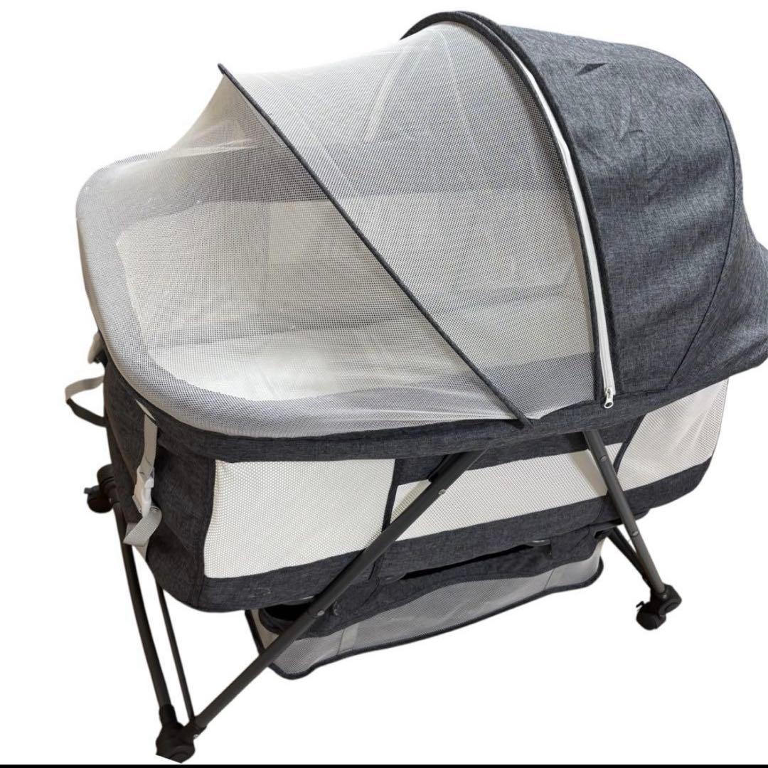 【美品】ZOOBLY 折りたたみ式 ベビーベッド グレー 蚊帳付　袋付き