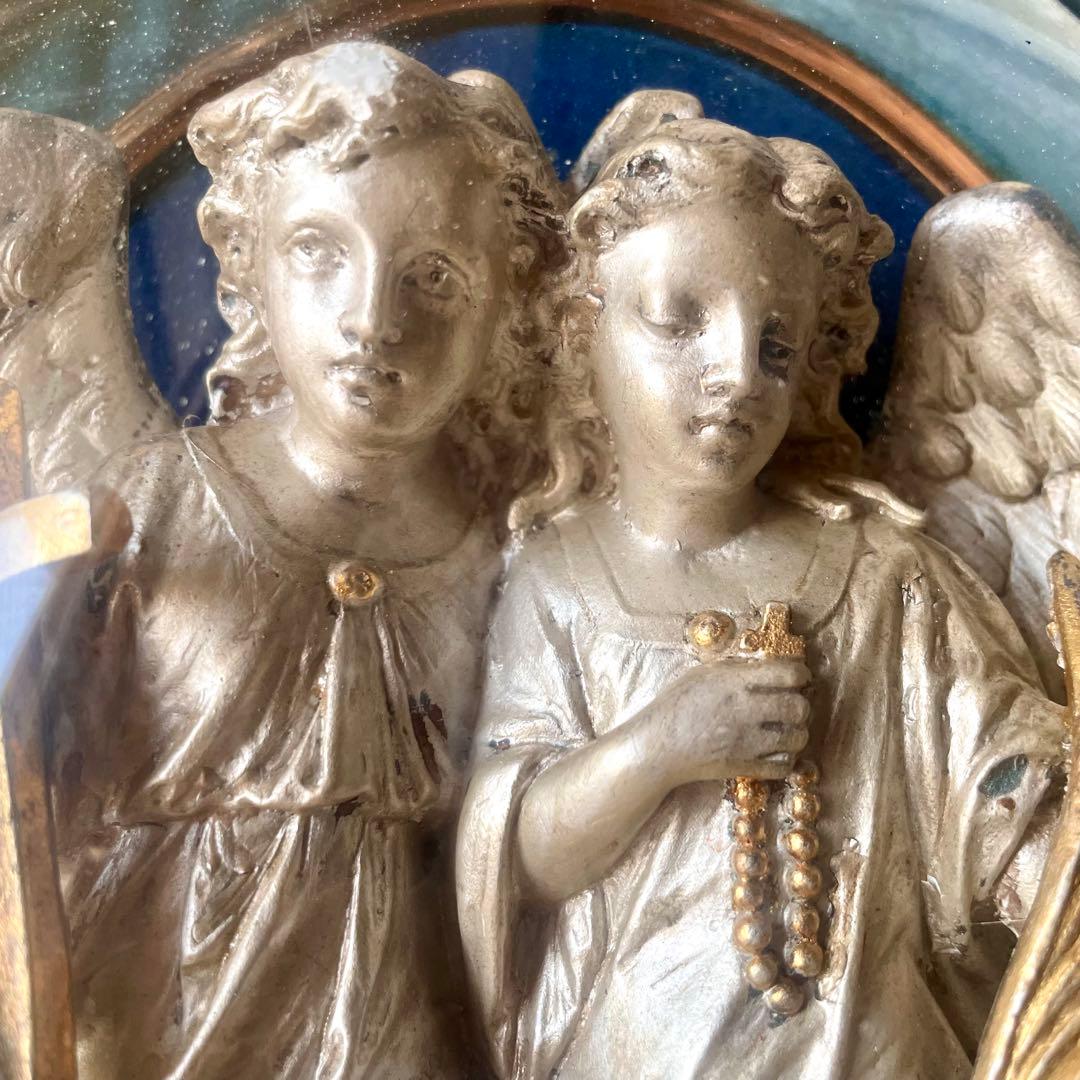 2人の天使のメダイヨン エンジェル フランスアンティーク オーバルフレーム彫刻