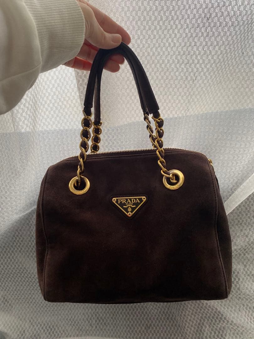 美品　PRADA プラダ チェーンバック　ハンドバッグ　スエード　ブラウン