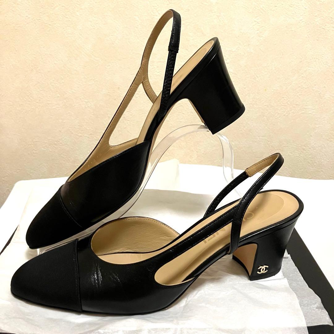 【美品】CHANEL シャネル スリングバック シューズ 38.5 ブラック