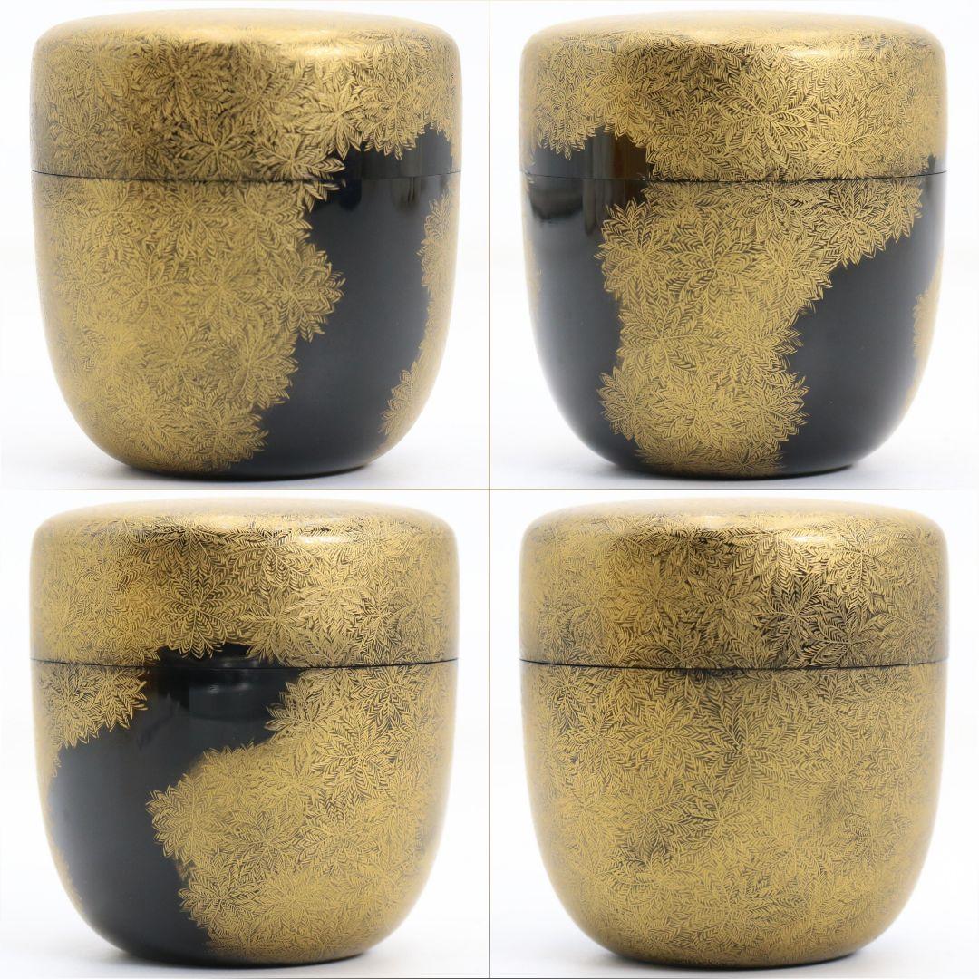 照月作 輪島塗 しのぶ文 沈金 中棗 茶道具 共箱共布　V939　N8