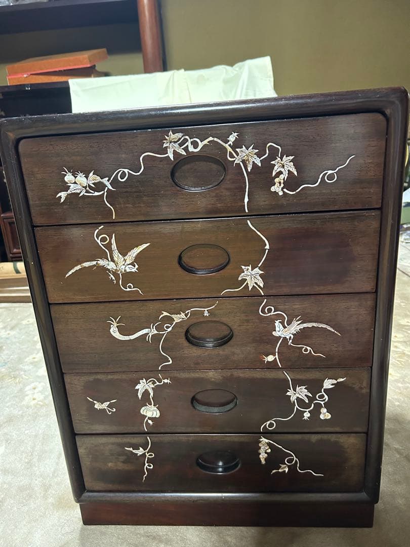 花と鳥の螺鈿木製タンス 5段