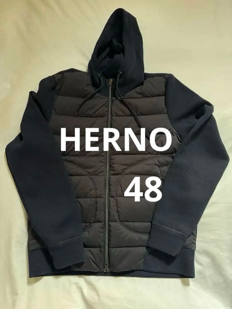 美品　HERNO ヘルノ　ネイビー フード　ダウンジャケット　48
