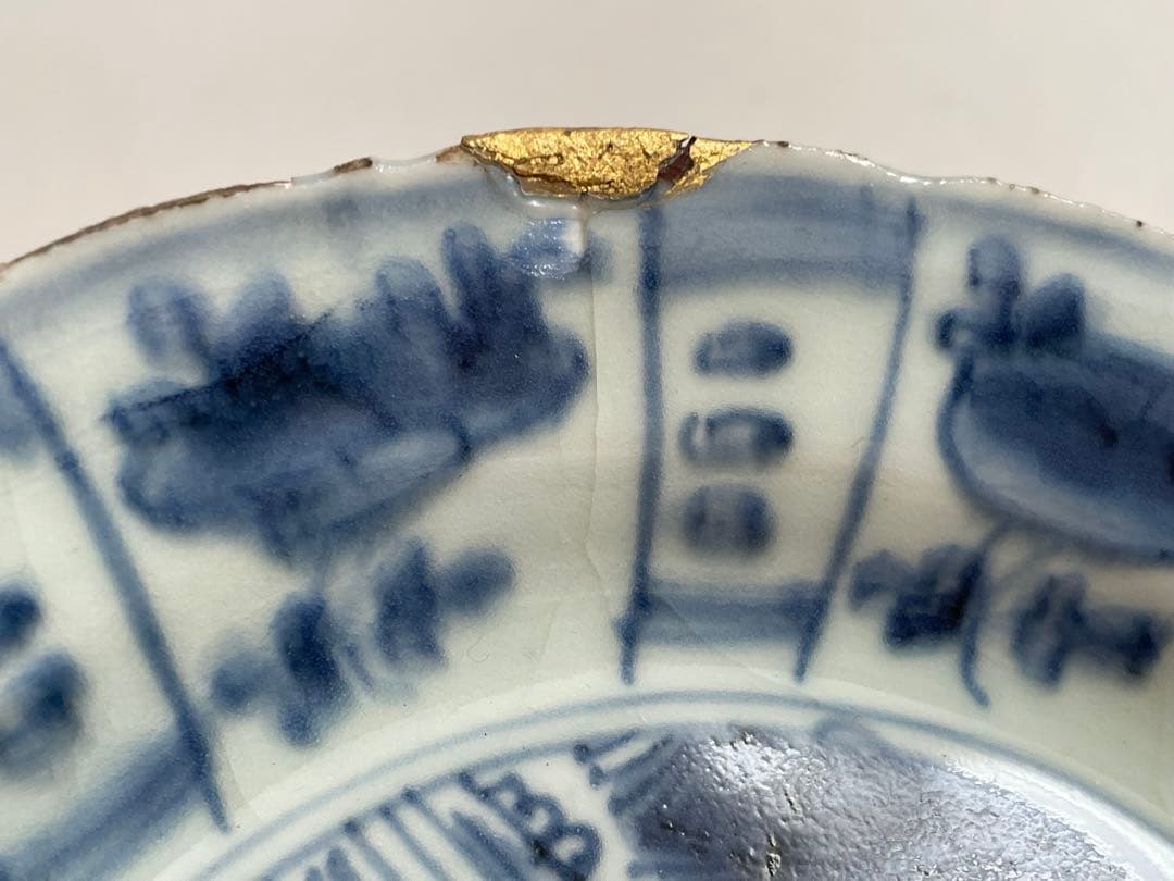 骨董　アンティーク　古染付　芙蓉手　双鹿図　皿　七寸皿