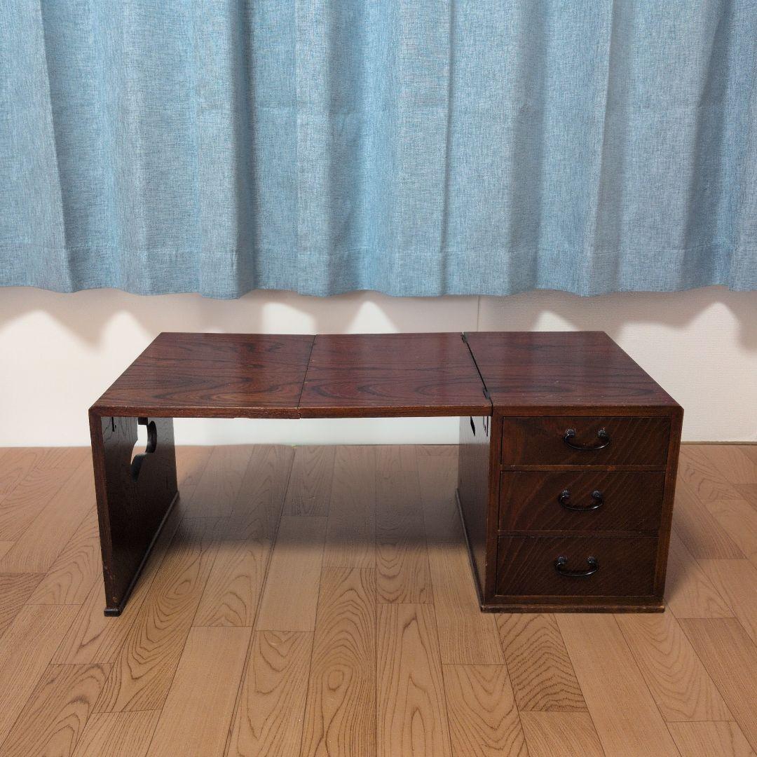 片袖机レトロ木製折りたたみ座机　テーブル 引き出し3つ付き文机