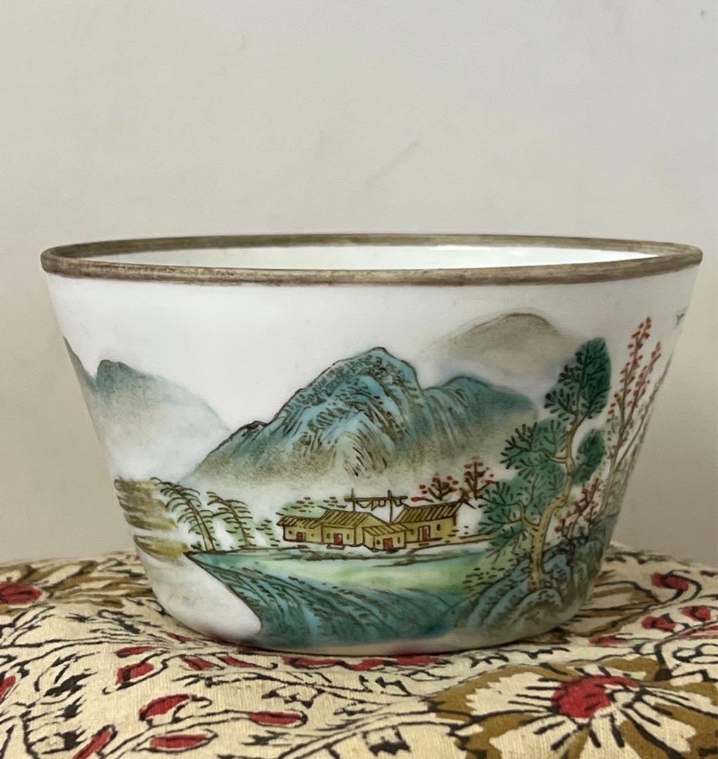古美術• 手描粉彩山水人物水盂•【大清道光年製】在銘 • 時代物　XG55