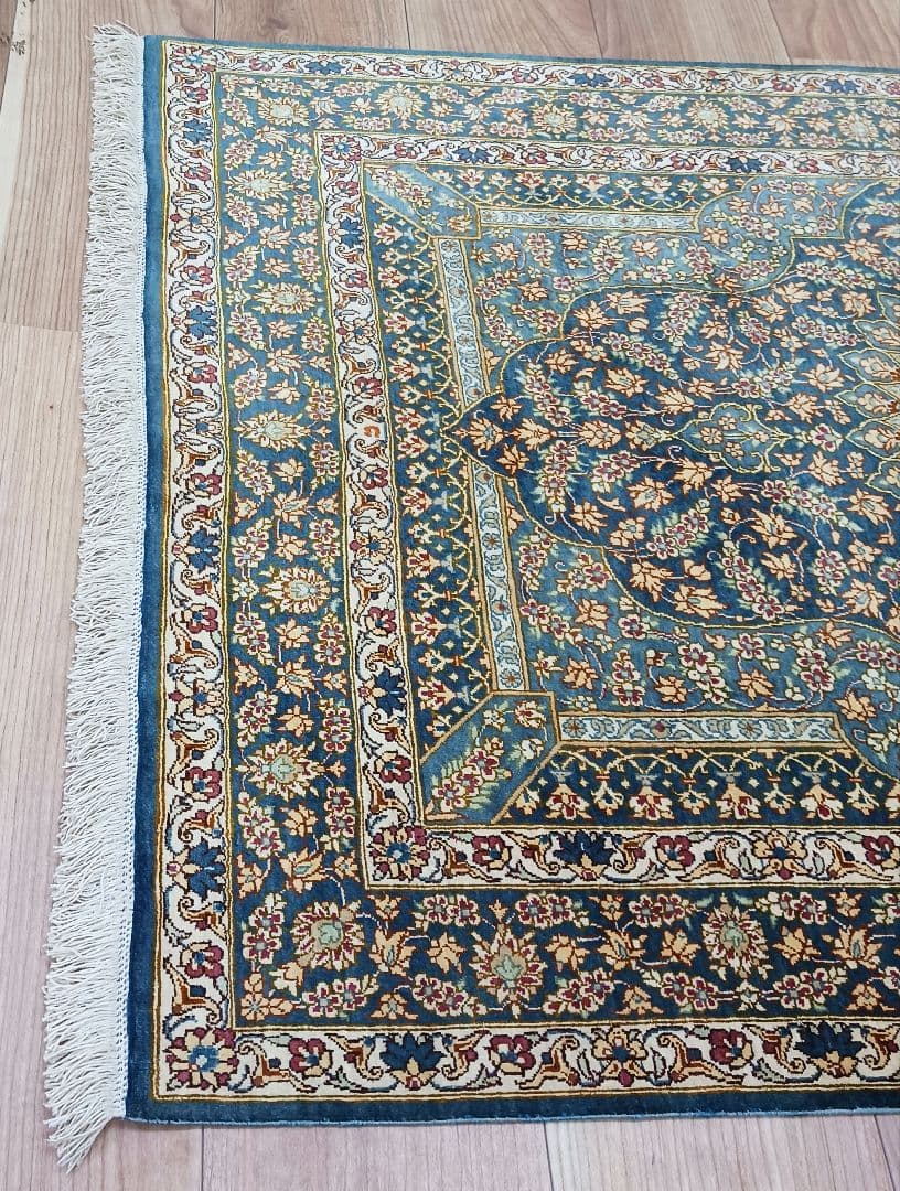 専用Y3144 高級ペルシャ絨毯 クム産 工房サイン シルク100% 手織り