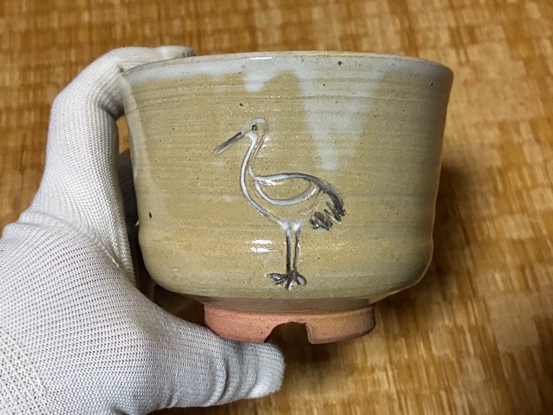 茶道具 布志名焼 鶴彫刻 陶器 茶碗 共箱 【八世　土屋善四郎(雲善) 造】