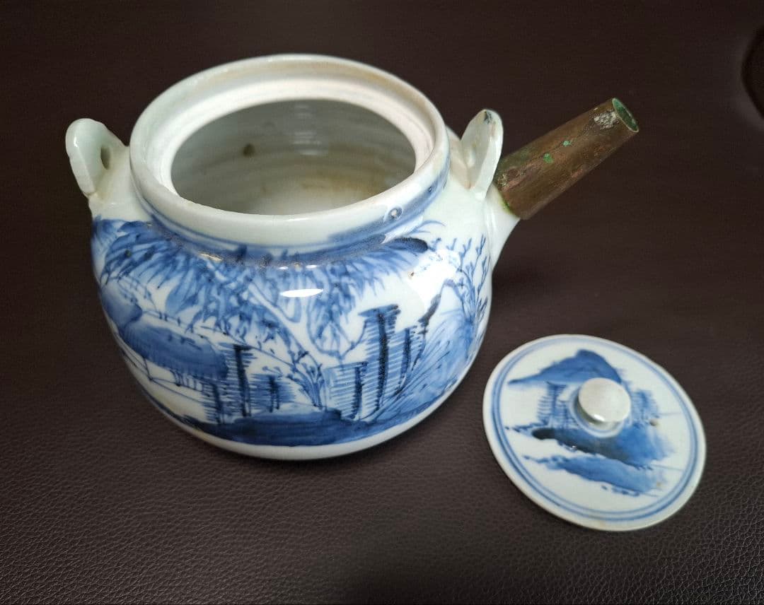 幕末　切込焼　染付山水文急須