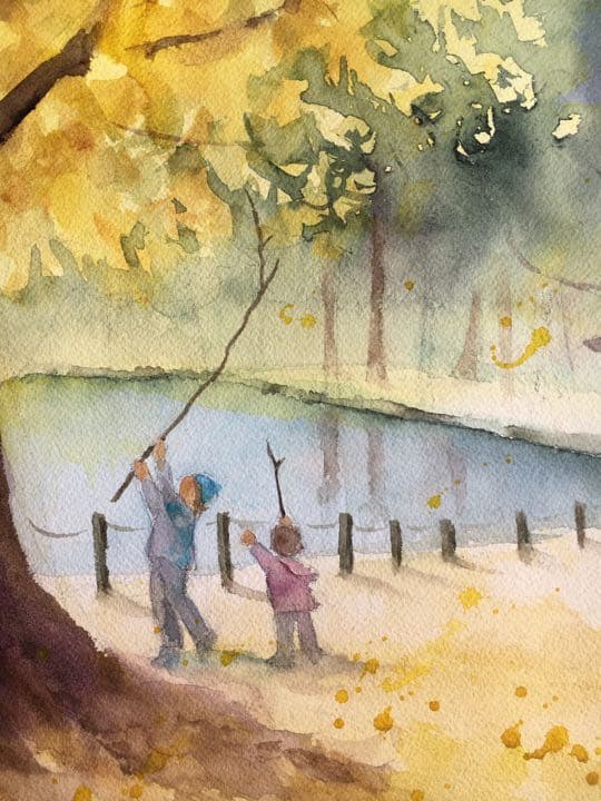 水彩画原画風景画称名寺　金の森の子どもたち