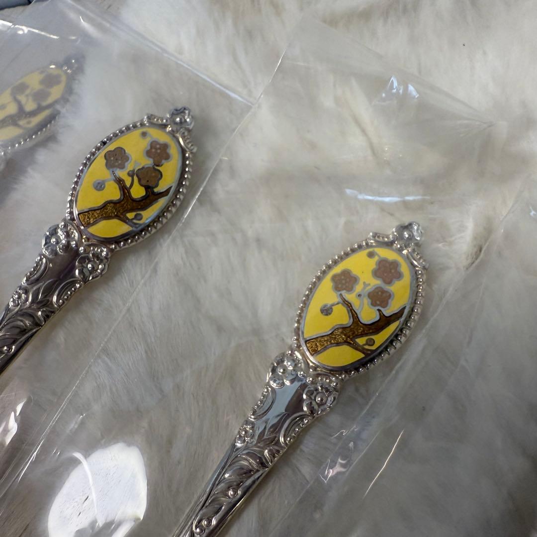 未使用♡シルバー925♡梅柄♡七宝焼スプーン♡8本セット 銀製カトラリー
