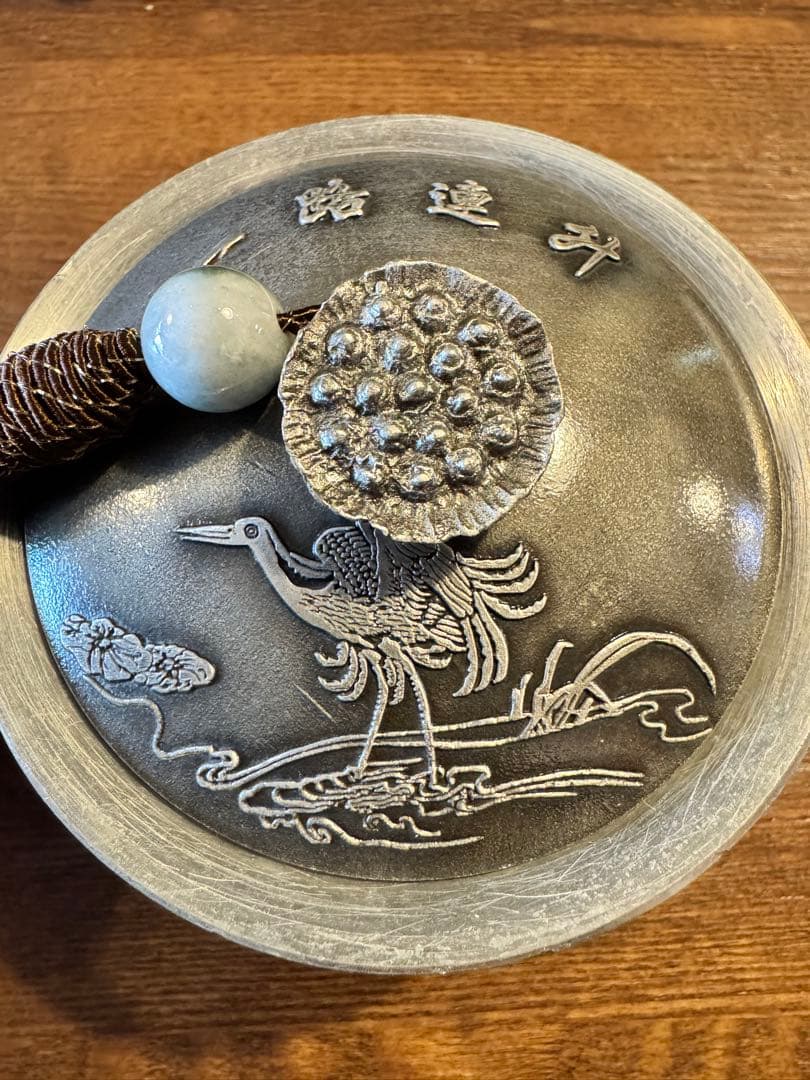 鶴彫刻の純錫製製茶釜