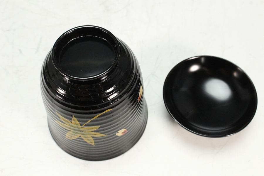 塗師 表次造 色絵雲錦 黒小吸物椀 十客 共箱 美品(K-XA874)